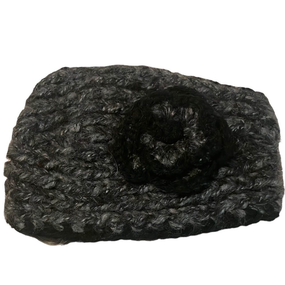 Headband Knit Winter 100% Acrylic Black Gray Flower Button Cheveux Handcrafted